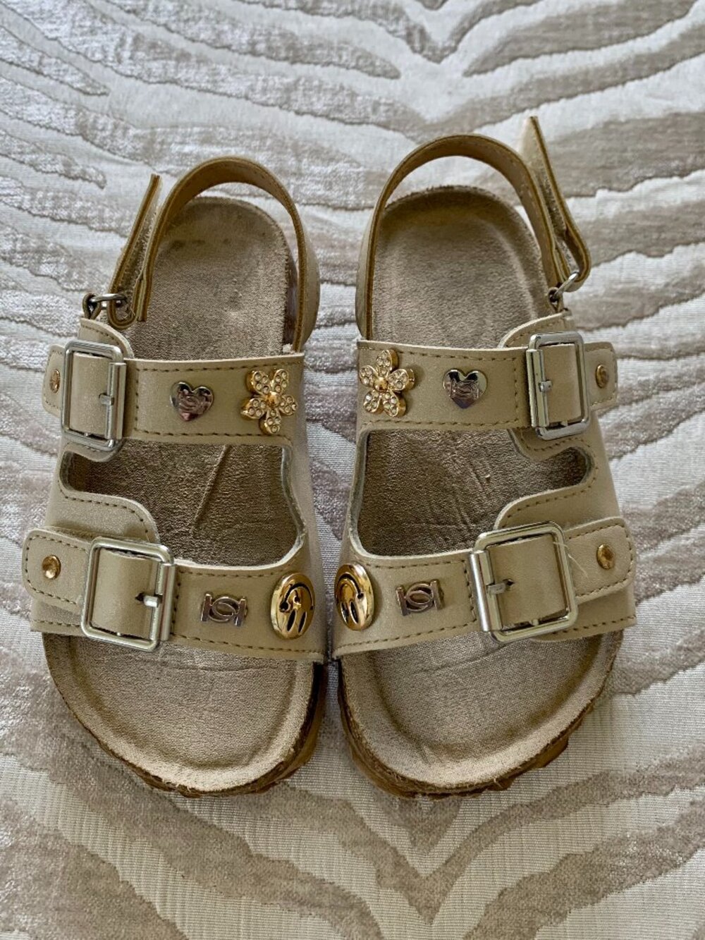 Bebe Girls Cork Footbed Sandals - Champagne Gold Charm Embellished - Toddler